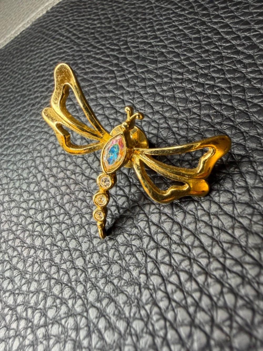 Vintage Gold Tone Avon Dragonfly Aurora Borealis Crystal Brooch Signed Pin 1.5